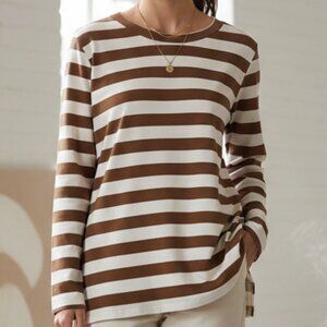 Striped Tunic Reborn J Brown White Long Sleeve Side Slit Top L Large
